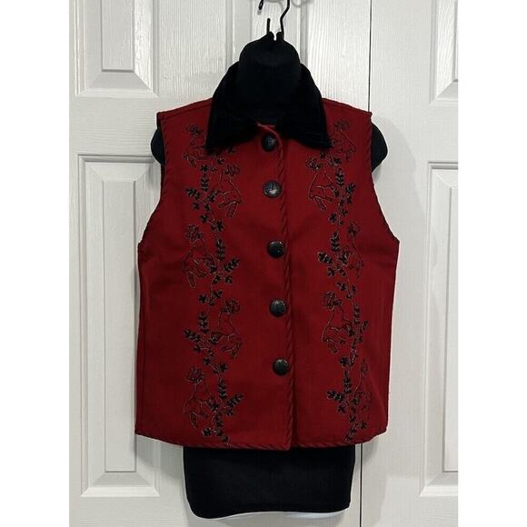 Vintage Life Style Classic Vest Red Embroidered Reindeer Button Wool Christmas - Picture 2 of 11
